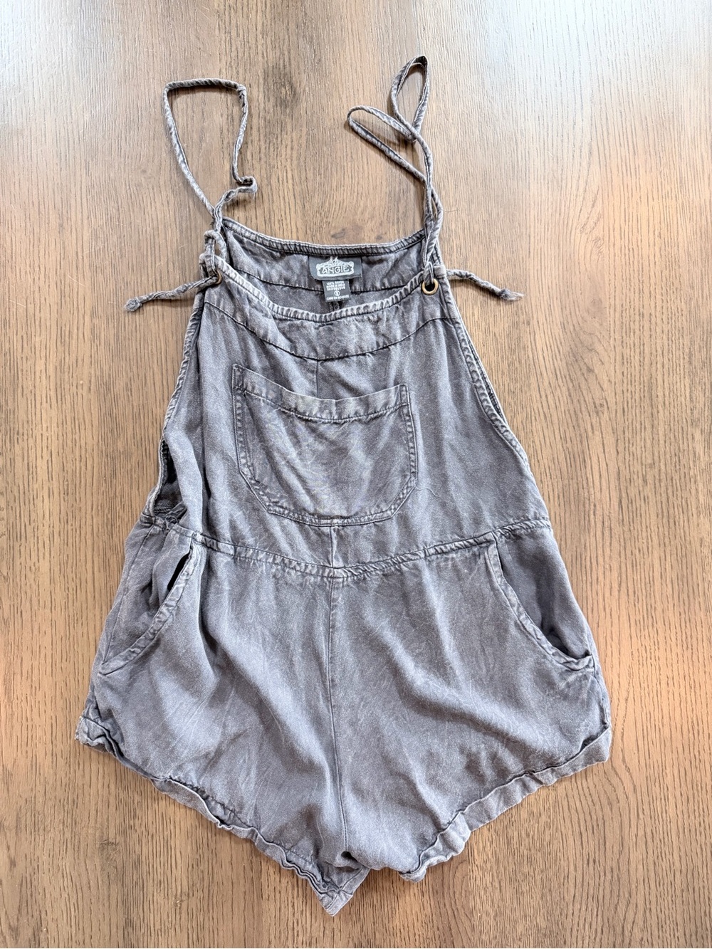 Angie Washed Gray Tie-Strap Romper Shorts - Womens Small